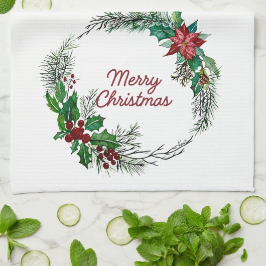 Merry Christmas Wreath Kitchen Towel Geschirrtuch (Gefaltet)