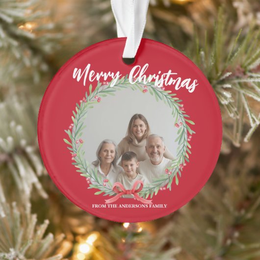 Merry Christmas Wreath Photo Personalized Family N Ornament (Baum)