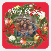Merry Christmas Wreath Photo Personalized Family N Quadratischer Aufkleber (Vorderseite)