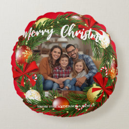 Merry Christmas Wreath Photo Personalized Family N Rundes Kissen