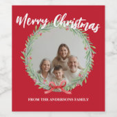 Merry Christmas Wreath Photo Personalized Family N Weinetikett (Einzelnes Label)