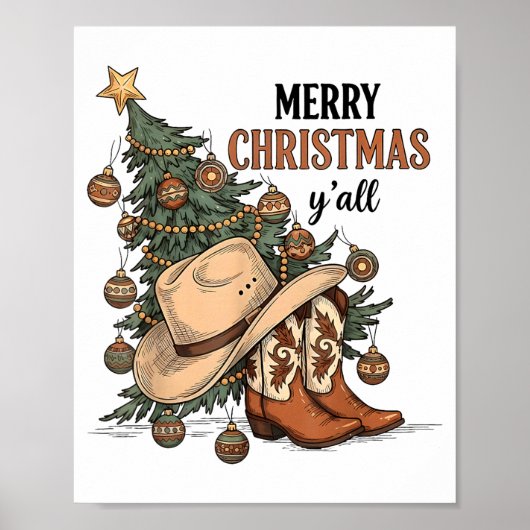 Merry Christmas Y'all Western Cowboy Boots Hat Xma Poster (Vorne)