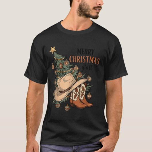 Merry Christmas Y'all Western Cowboy Boots Hat Xma T-Shirt (Vorderseite)