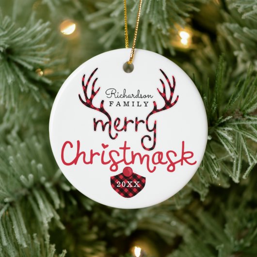Merry Christmask Fun Red Kariert Reindeer Mask Cov Keramik Ornament (Baum)