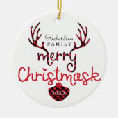 Merry Christmask Fun Red Kariert Reindeer Mask Cov Keramik Ornament (Vorne)