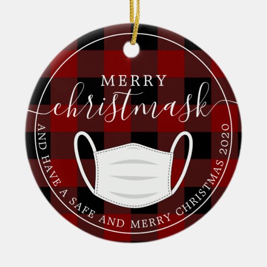 Merry Christmask karierte Quarantänemaske Keramik Ornament (Vorne)