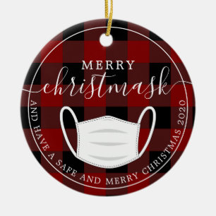 Merry Christmask rote karierte Quarantänemaske Keramik Ornament