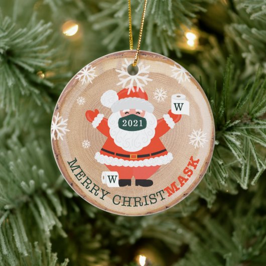 Merry Christmask Santa Mask & Toilet Paper Wood Keramik Ornament (Baum)