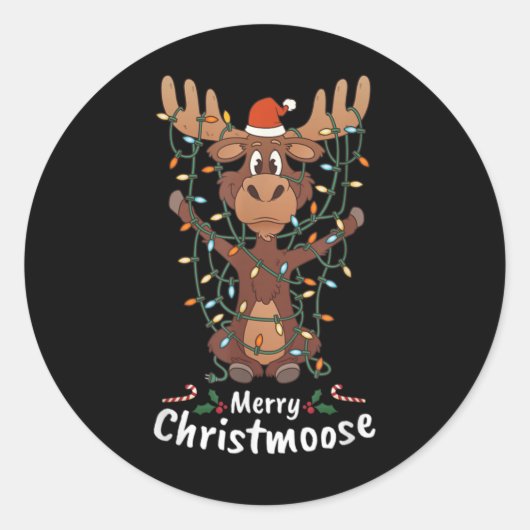 Merry Christmoose Christmas Moose Xmas Tree Lights Runder Aufkleber (Vorderseite)
