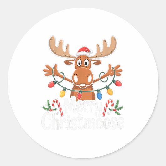 Merry Christmoose Christmas Tree Lights Santa Hat Runder Aufkleber (Vorderseite)