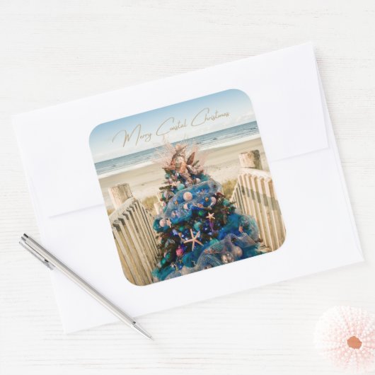 Merry Coastal Christmas Tropical Beach HolidayTree Quadratischer Aufkleber (Umschlag)