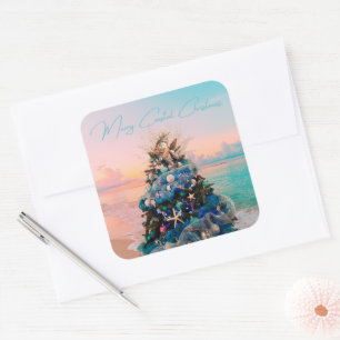 Merry Coastal Christmas Tropical Beach HolidayTree Quadratischer Aufkleber