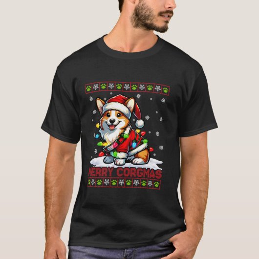 Merry Corgmas Corgi Lights Weihnachtsmannmütze Ugl T-Shirt (Vorderseite)