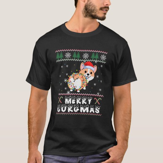 Merry Corgmas Corgi Ugly Christmas Tree Light Sant T-Shirt (Vorderseite)