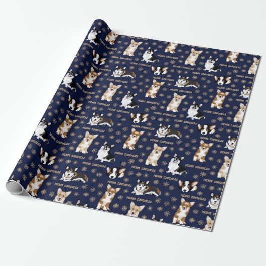Merry Corgmess - Christmas Corgi Muster blau Geschenkpapier (Ungerollt)