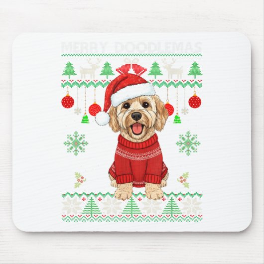 Merry Doodlemas Goldendoodle Wearing Ugly Christma Mousepad (Vorne)