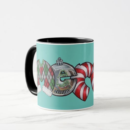 "Merry" eine Weihnachtsfeier mit handgeschriebenem Tasse (Vorderseite Links)