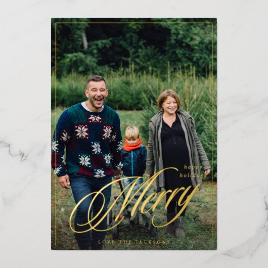 Merry Elegant Calligraphy Frame Foto Holiday Folieneinladung (Vorderseite)