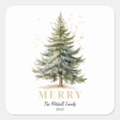 Merry Elegant Watercolor Weihnachtsbaum Pine Quadratischer Aufkleber (Vorderseite)