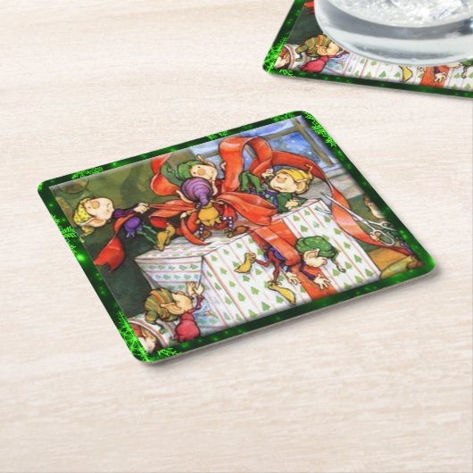 Merry Elves Wrapping Geschenk Pullboard Sq Unterse Rechteckiger Pappuntersetzer (angewinkelt)