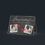 Merry Everything Chalkboard Mistletouren Weihnacht Feiertagskarte<br><div class="desc">Rustikale "Merry Everything" Chalkboard Mistletoes Weihnachten / Urlaub Foto Collage Card. Moderne Urlaubskarte / Weihnachtsfotokarte mit 4 separaten Fotos mit Vorder-, Innen- und Rückseite. Der Hintergrund kann in die Farbe Ihrer Wahl geändert werden. Der meiste Text ist bearbeitbar. Entworfen / Original-Kunstwerk von fat*fa*tin. Einfach mit eigener Textnachricht, Name, Foto oder...</div>