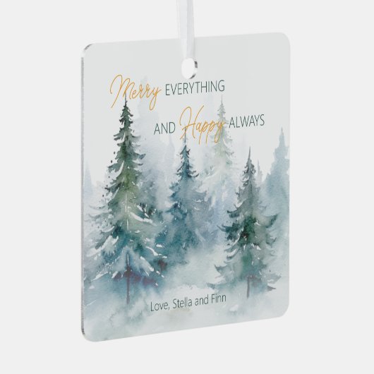 Merry Everything Happy Always Winter Trees Ornament Aus Metall (Vorderseite Rechts)