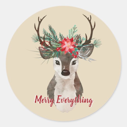 Merry Everything Watercolor Deer Antler Bouquet Runder Aufkleber (Vorderseite)