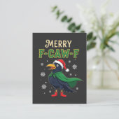 Merry F-Caw-F Funny Christmas Raven Crow Santa Ankündigungspostkarte (Stehend Vorderseite)