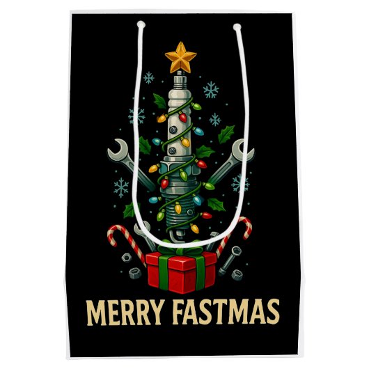 Merry Fastmas Spark Plug Christmas Tree Mechanic Mittlere Geschenktüte (Rückseite)