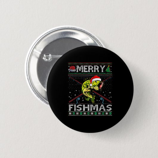 Merry Fishmas B Fish Fishing Christmas Ugly Sweate Button (Vorne & Hinten)