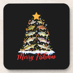Merry Fishmas Funny Christmas Tree Lights Fish Fis Getränkeuntersetzer