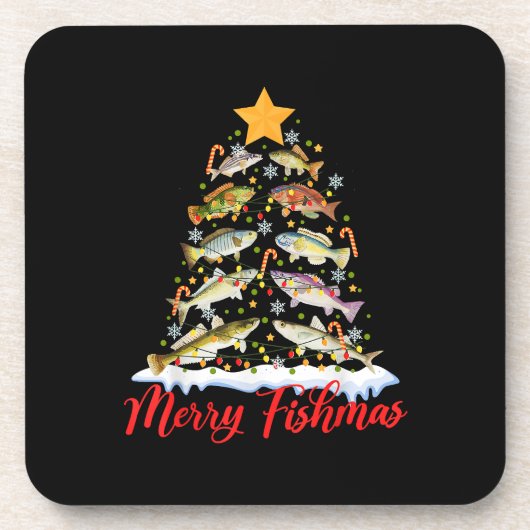 Merry Fishmas Funny Christmas Tree Lights Fish Fis Getränkeuntersetzer (Vorderseite)