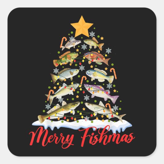 Merry Fishmas Funny Christmas Tree Lights Fish Fis Quadratischer Aufkleber (Vorderseite)