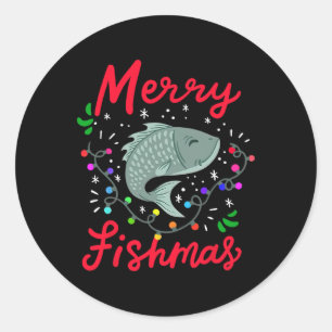 Merry Fishmas Funny Christmas Tree Lights Fish Fis Runder Aufkleber
