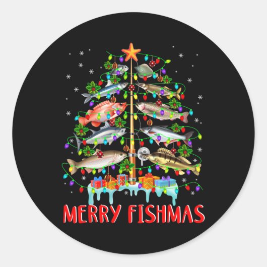Merry Fishmas Funny Christmas Tree Lights Fish Fis Runder Aufkleber (Vorderseite)