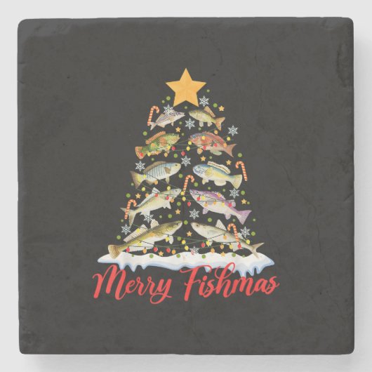 Merry Fishmas Funny Christmas Tree Lights Fish Fis Steinuntersetzer (Vorderseite)