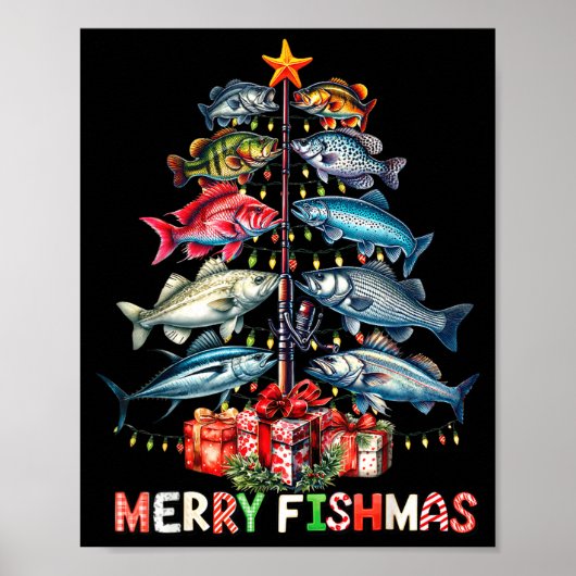 Merry Fishmas Funny Christmas Tree Lights Fishing Poster (Vorne)