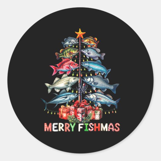 Merry Fishmas Funny Christmas Tree Lights Fishing Runder Aufkleber (Vorderseite)