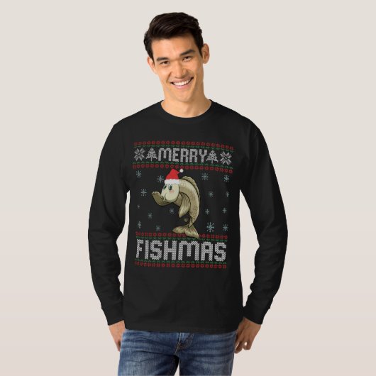 Merry Fishmas Funny Ugly Christmas Sweater Fish T-Shirt (Vorne ganz)