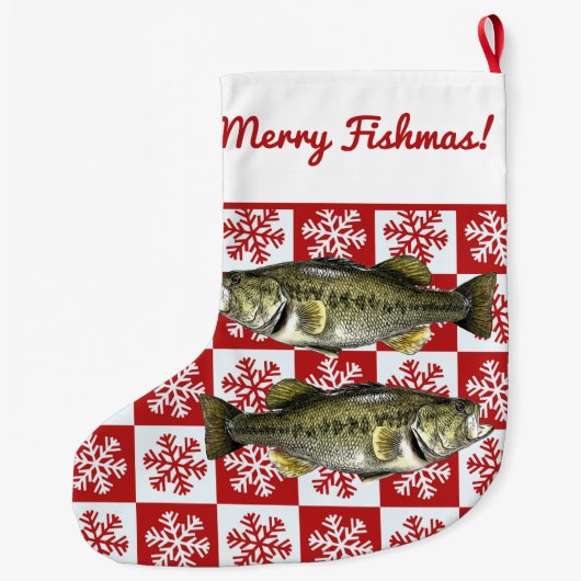 Merry Fishmas Largemouth Bass Fishing Snowflake Großer Weihnachtsstrumpf (Rückseite)
