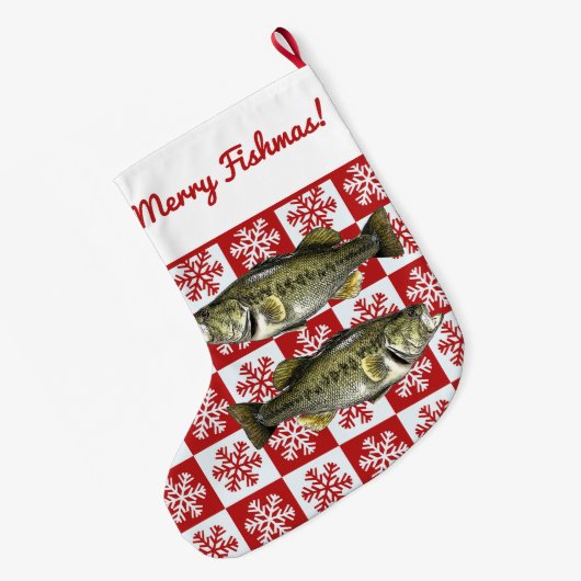 Merry Fishmas Largemouth Bass Fishing Snowflake Großer Weihnachtsstrumpf (Rückseite (Hängend))