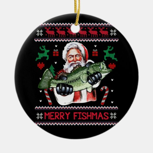 Merry Fishmas Santa Fishing Ugly Christmas Sweater Keramik Ornament (Vorne)