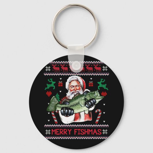 Merry Fishmas Santa Fishing Ugly Christmas Sweater Schlüsselanhänger (Vorderseite)