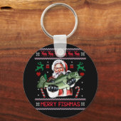 Merry Fishmas Santa Fishing Ugly Christmas Sweater Schlüsselanhänger (Vorderseite)