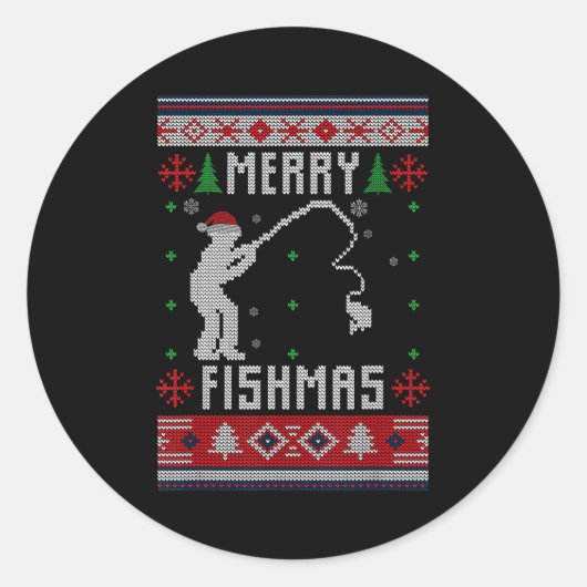 Merry Fishmas Ugly Sweater Ugly Fishing Christmas Runder Aufkleber (Vorderseite)