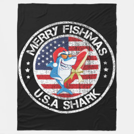 Merry Fishmas USA Flag Great White Shark Fleecedecke