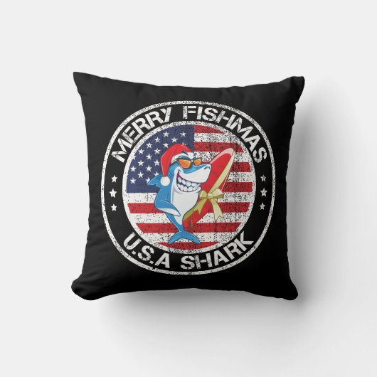 Merry Fishmas USA Flag Great White Shark Kissen (Vorderseite)