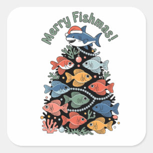 Merry Fishmas Weihnachtsbaum Fish Funny Fishing Quadratischer Aufkleber