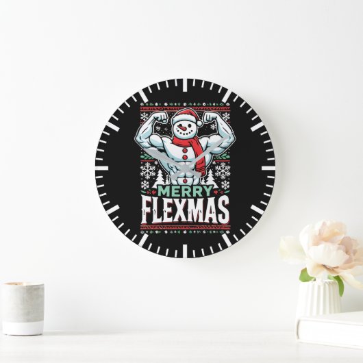 Merry Flexmas - Snowman Flexing Christmas Gym Große Wanduhr (Zuhause)