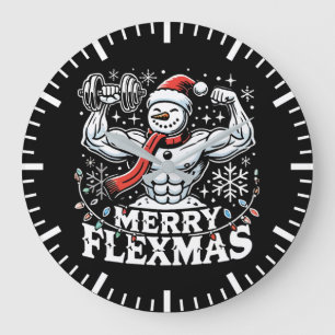 Merry Flexmas - Snowman Flexing Christmas Gym Große Wanduhr